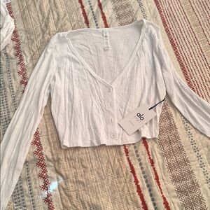 ALO Yoga White Button-Up Ribbed Blouse